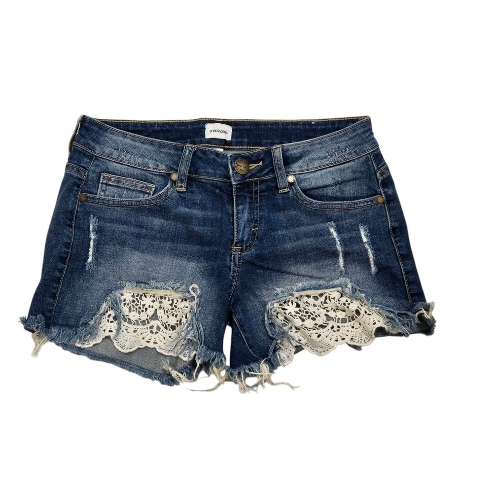 Sneak Peek Women's Low Rise Denim Shorts w Crochet Details Size S SP-S6562 EUC